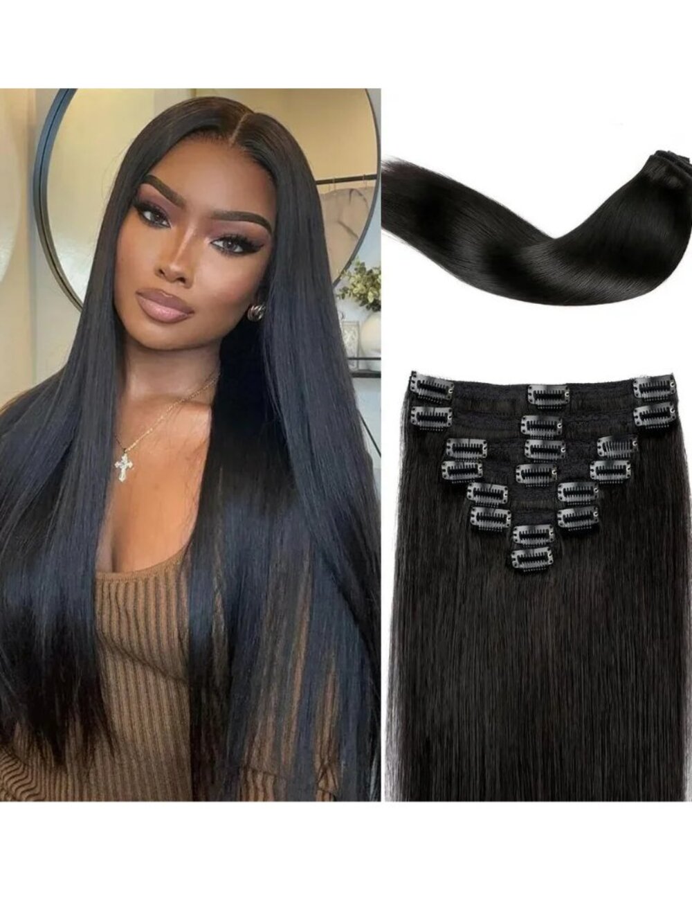 NEW 18" 8 Pc Remy Real Human Hair Clip In 95g Double Weft Dark Natural Extension